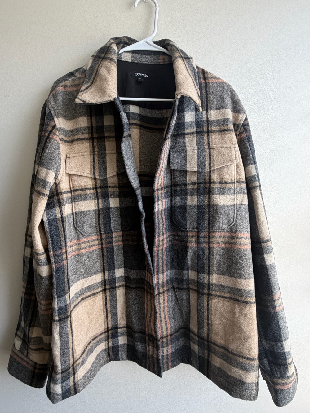 Express Men’s Plaid Shacket Jacket - Beige, Black & Pinkish Tan